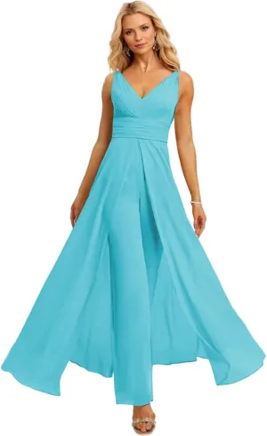V Neck Chiffon Bridesmaid Pantsuits 2025 High Waisted Split Pleated Wedding Guest Dresses