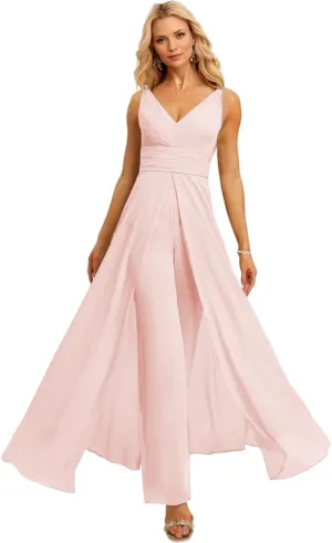 V Neck Chiffon Bridesmaid Pantsuits 2025 High Waisted Split Pleated Wedding Guest Dresses