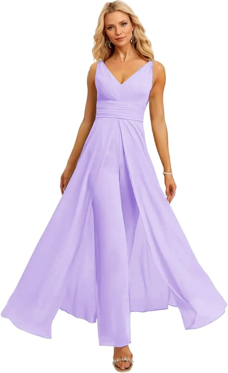 V Neck Chiffon Bridesmaid Pantsuits 2025 High Waisted Split Pleated Wedding Guest Dresses