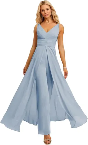 V Neck Chiffon Bridesmaid Pantsuits 2025 High Waisted Split Pleated Wedding Guest Dresses