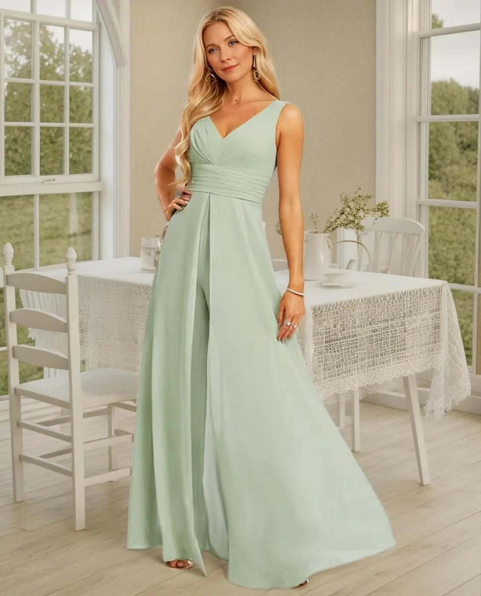 V Neck Chiffon Bridesmaid Pantsuits 2025 High Waisted Split Pleated Wedding Guest Dresses