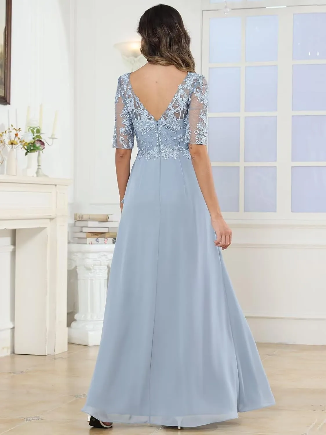 V Neck Mother of The Bride Dresses Half Sleeve Lace Applique Formal Evening Party Dress