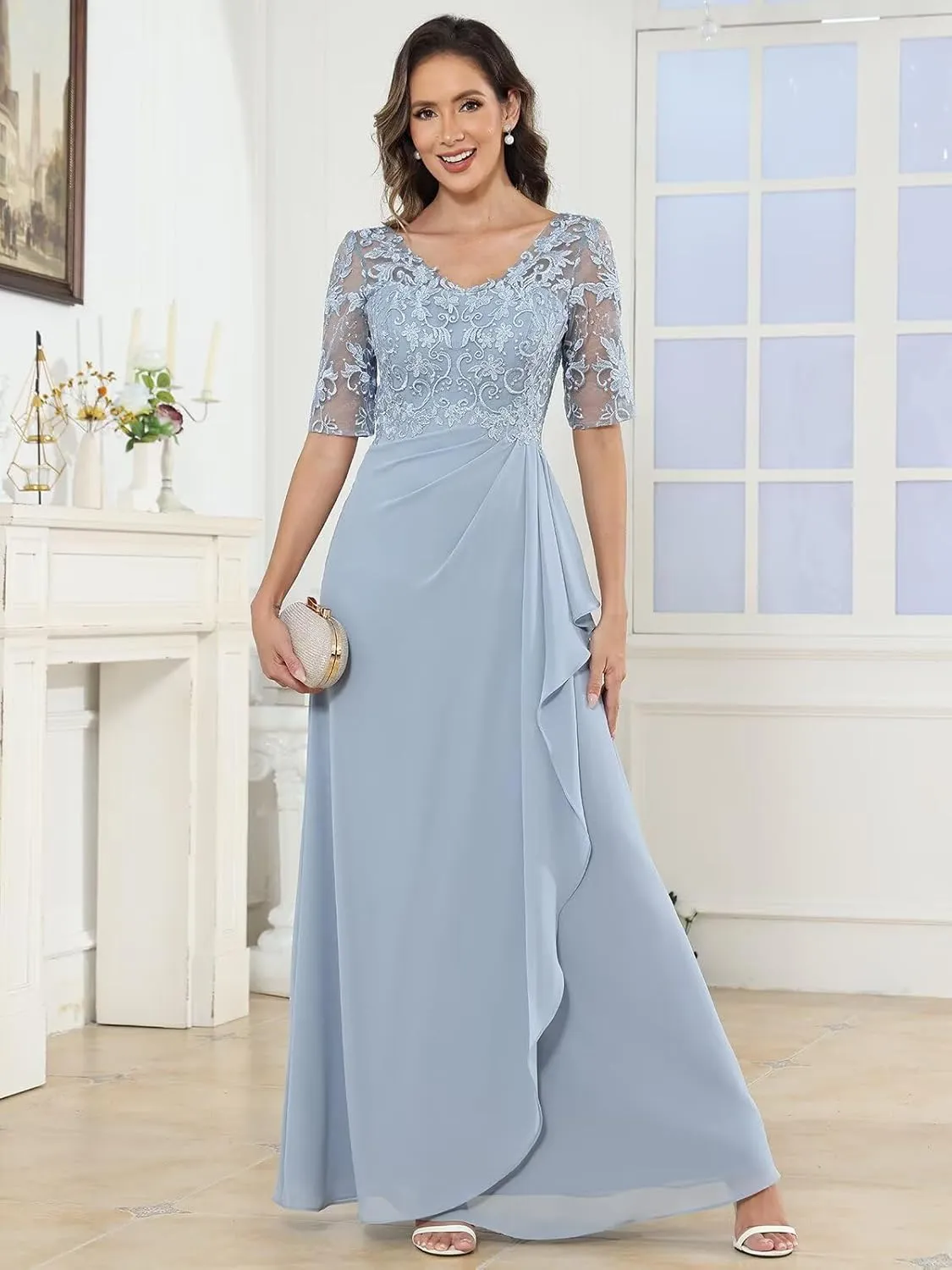 V Neck Mother of The Bride Dresses Half Sleeve Lace Applique Formal Evening Party Dress