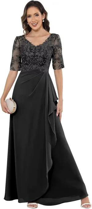 V Neck Mother of The Bride Dresses Half Sleeve Lace Applique Formal Evening Party Dress