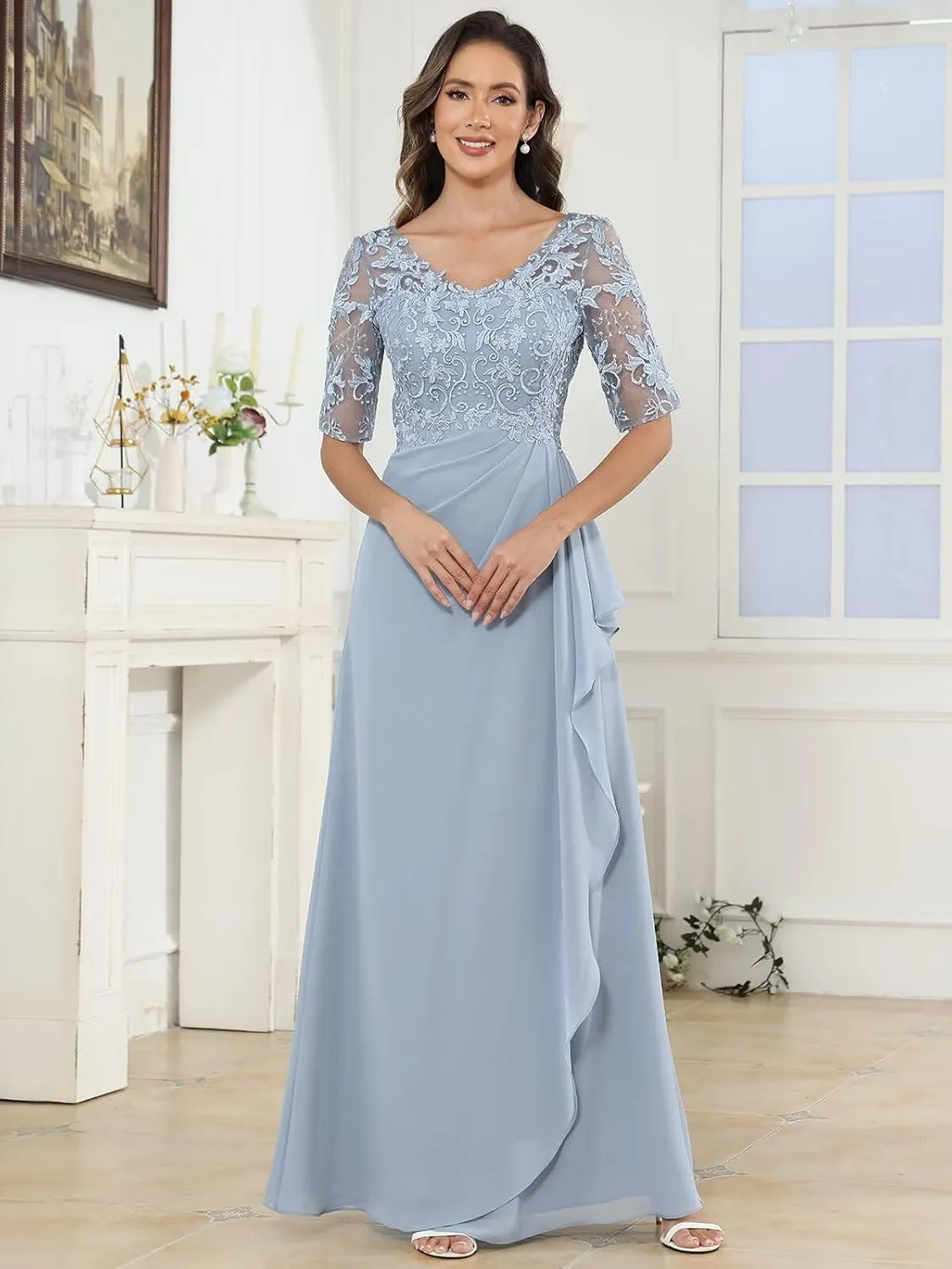 V Neck Mother of The Bride Dresses Half Sleeve Lace Applique Formal Evening Party Dress