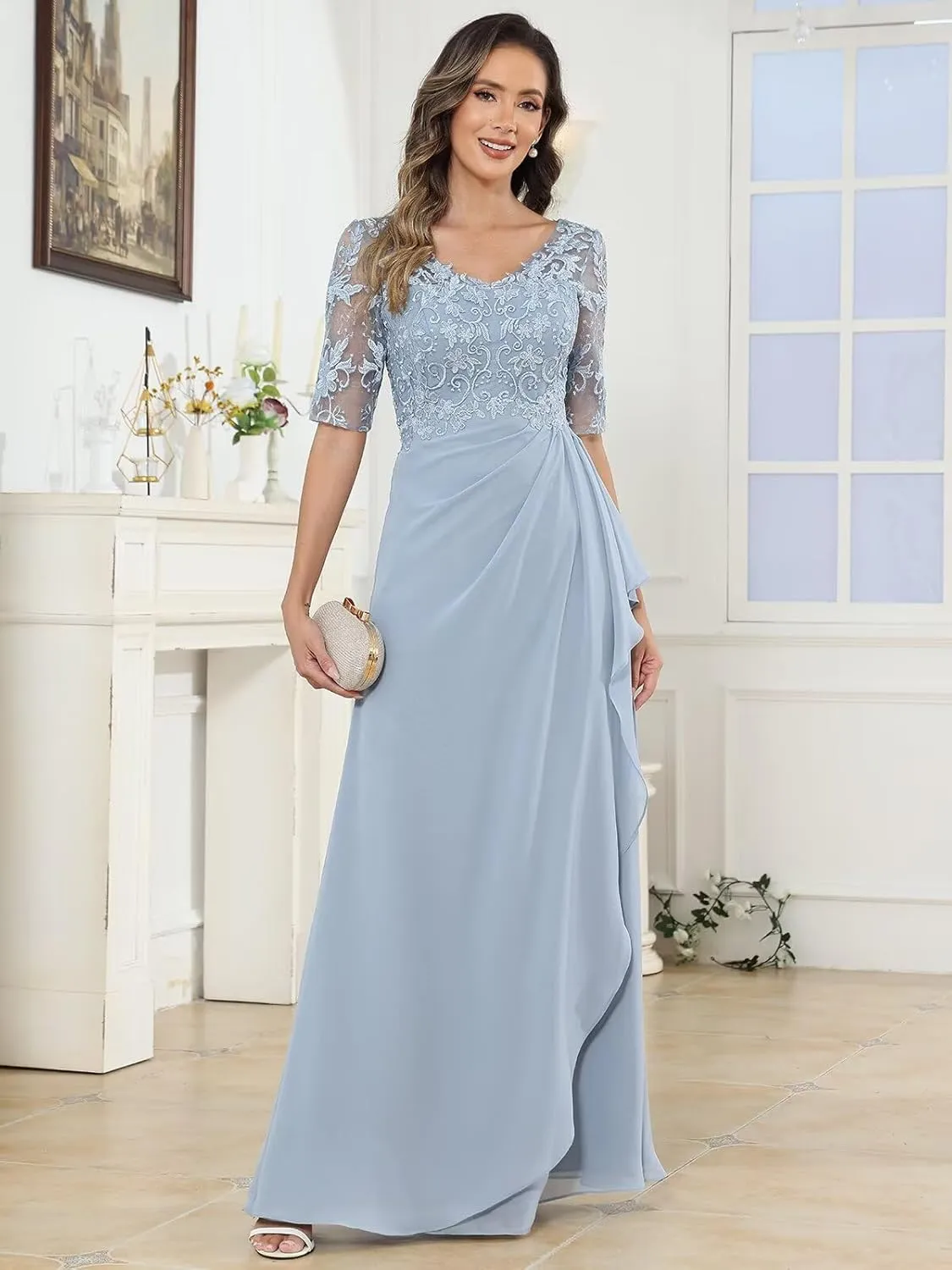 V Neck Mother of The Bride Dresses Half Sleeve Lace Applique Formal Evening Party Dress