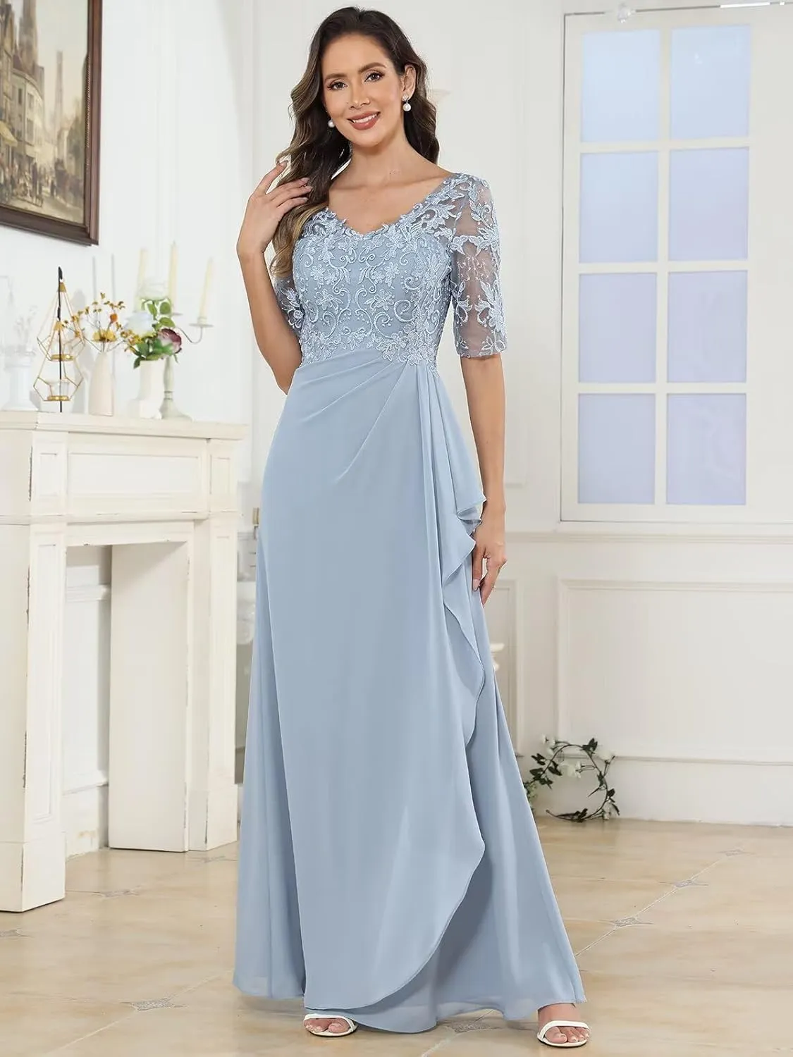 V Neck Mother of The Bride Dresses Half Sleeve Lace Applique Formal Evening Party Dress