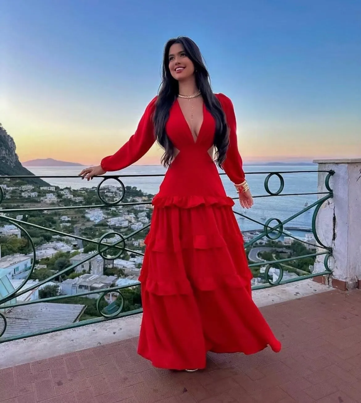 V Neck Prom Dresses Chiffon A Line Long Sleeve Ruffle Formal Evening Party Gowns