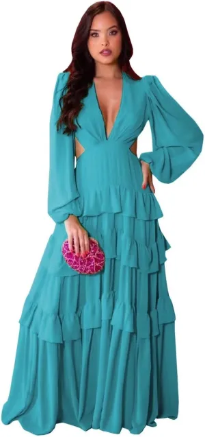 V Neck Prom Dresses Chiffon A Line Long Sleeve Ruffle Formal Evening Party Gowns
