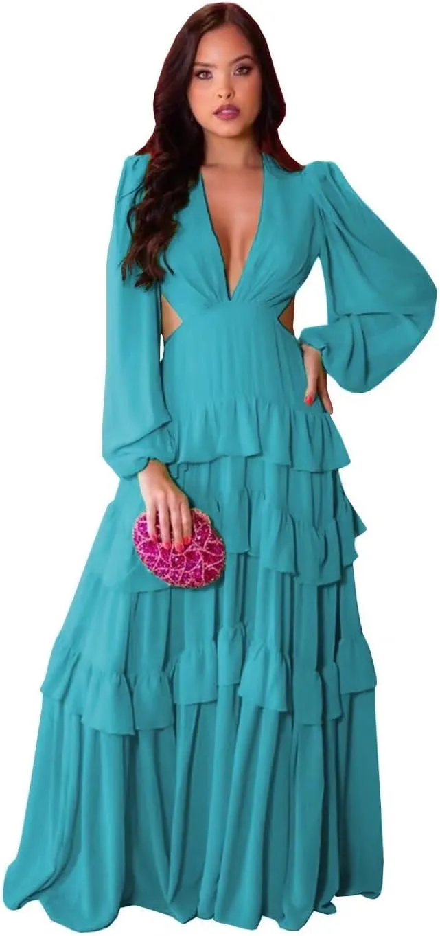 V Neck Prom Dresses Chiffon A Line Long Sleeve Ruffle Formal Evening Party Gowns