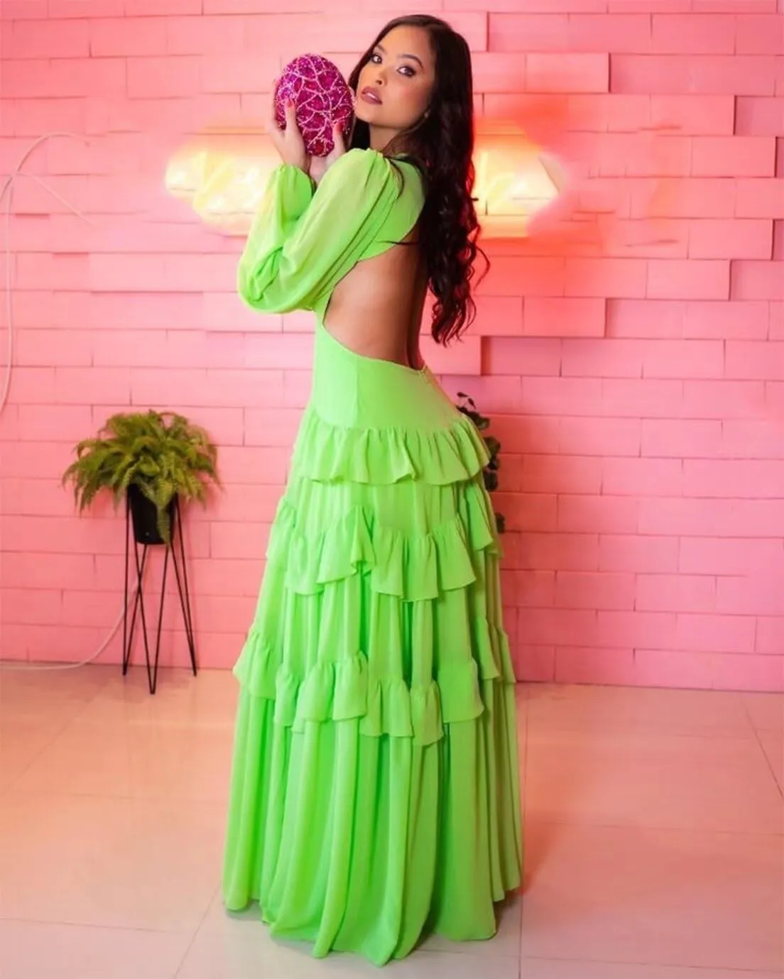 V Neck Prom Dresses Chiffon A Line Long Sleeve Ruffle Formal Evening Party Gowns