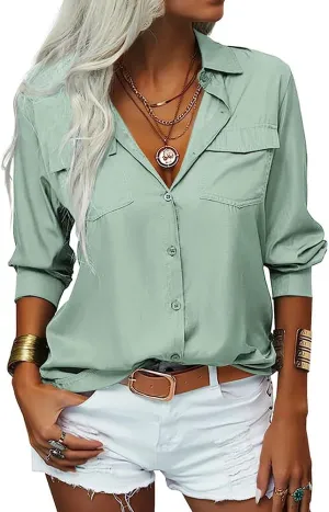 Veatzaer Womens Solid Lapel Long Sleeves Button Down Shirt Top Casual Basic Office Blouse