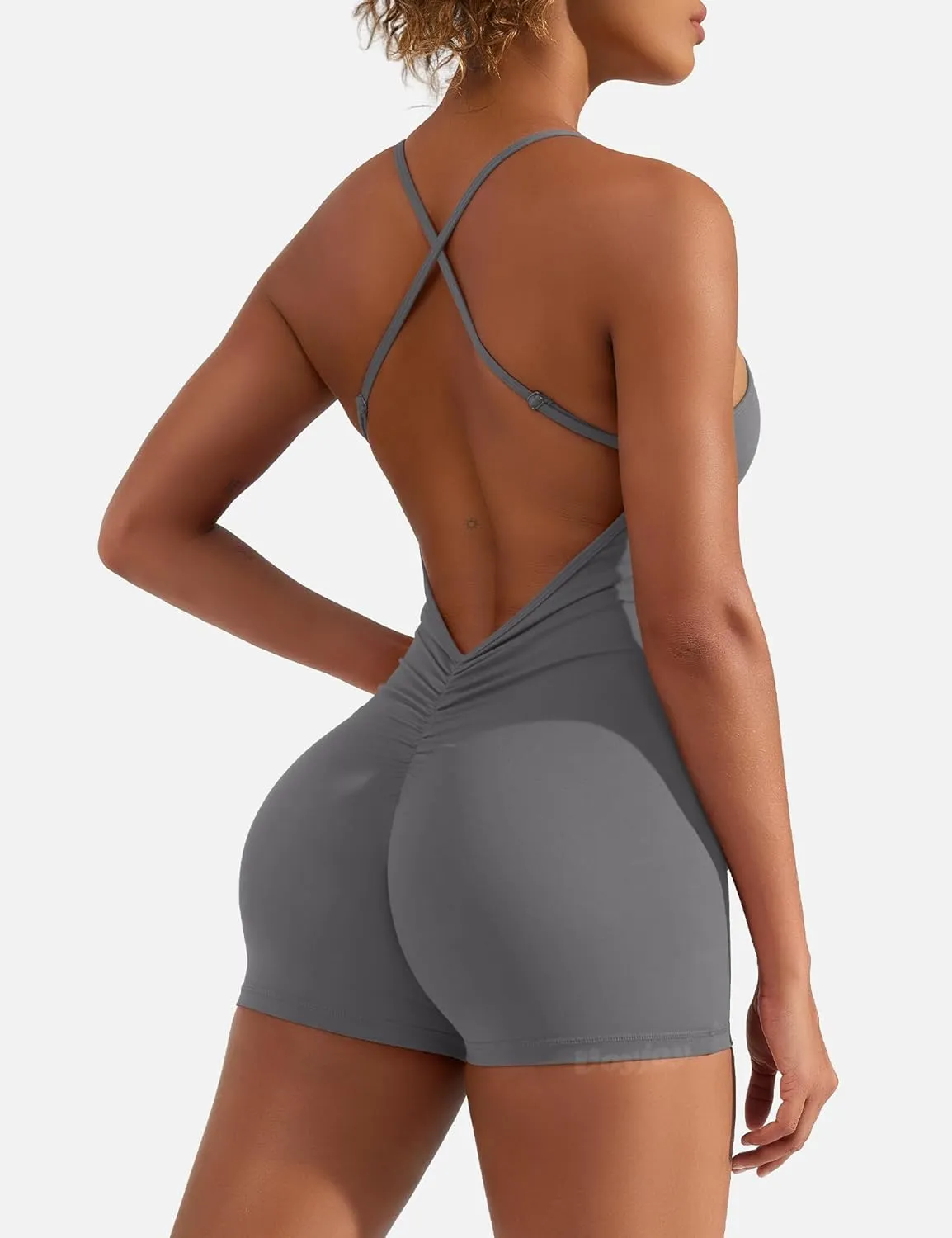 VOYJOY Jumpsuits for Women Backless Scrunch Strappy One Piece Workout Jumpsuit Tummy Control V Back Yoga Romper