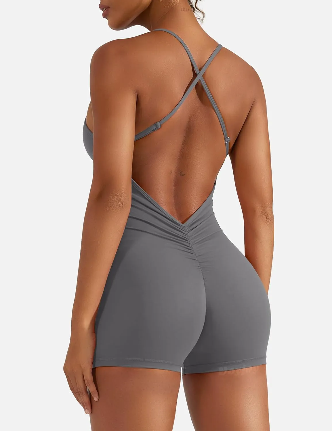 VOYJOY Jumpsuits for Women Backless Scrunch Strappy One Piece Workout Jumpsuit Tummy Control V Back Yoga Romper