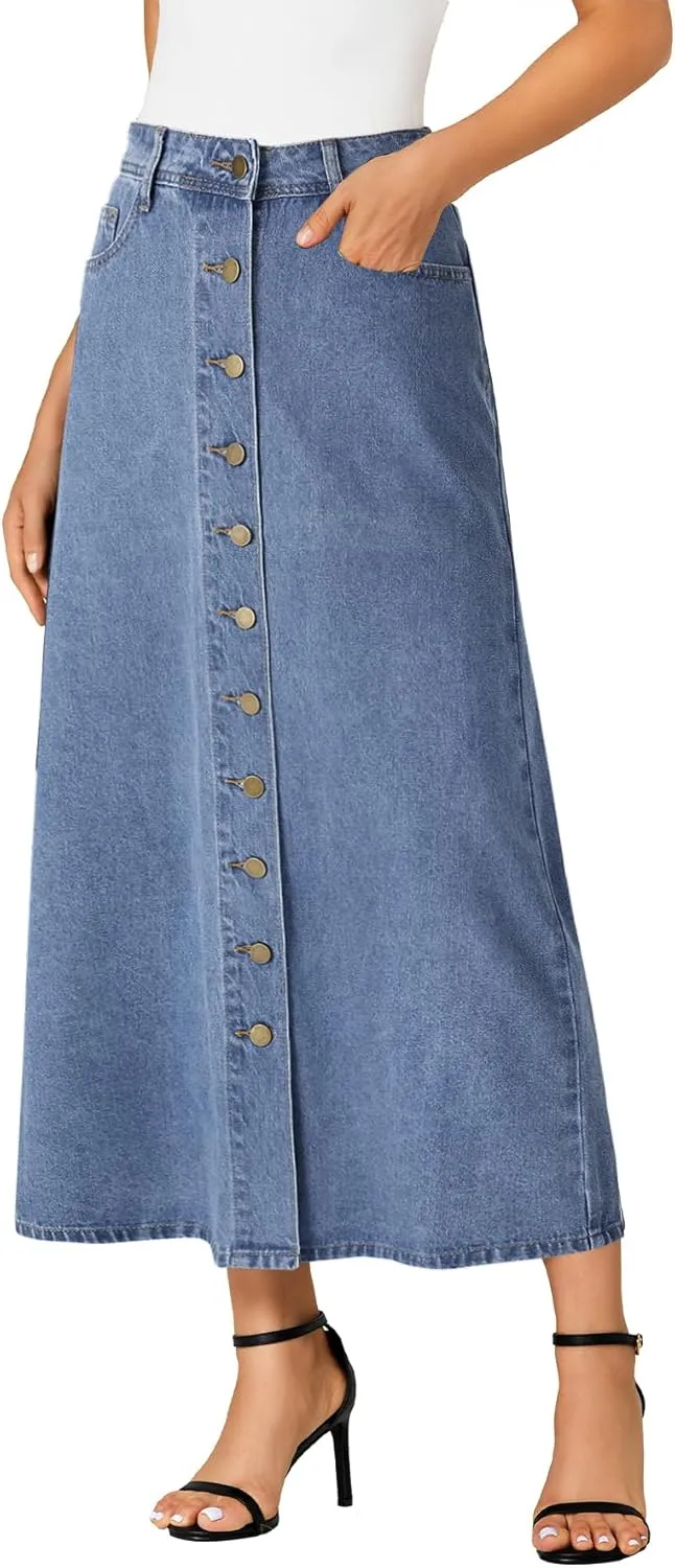 Vrtige Women's Casual Button Down High Waisted A Line Jean Midi Long Denim Skirt with Pockets