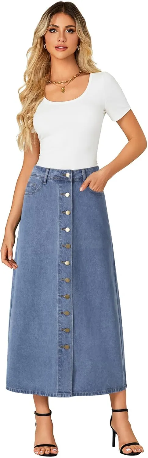 Vrtige Women's Casual Button Down High Waisted A Line Jean Midi Long Denim Skirt with Pockets