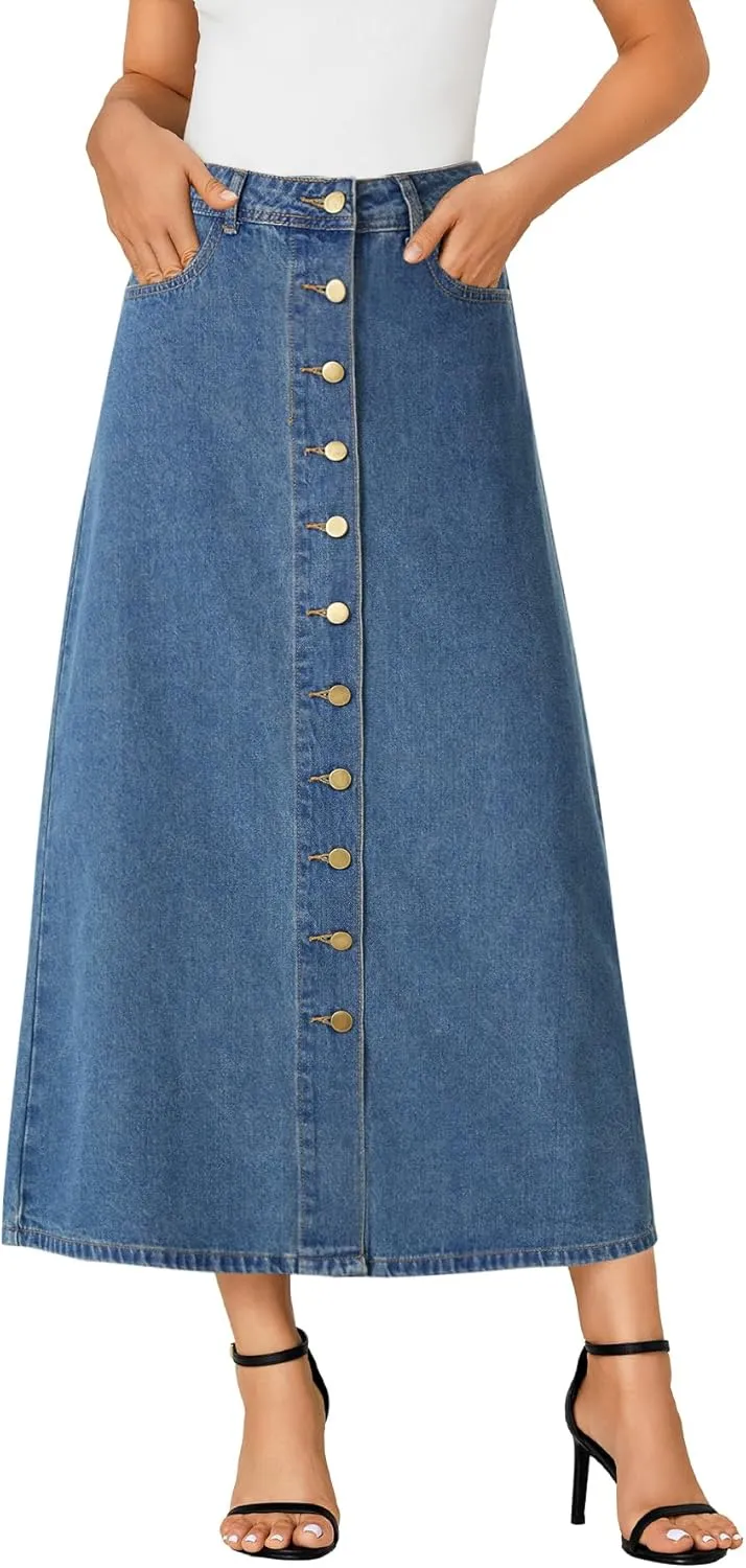 Vrtige Women's Casual Button Down High Waisted A Line Jean Midi Long Denim Skirt with Pockets