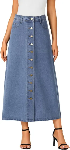 Vrtige Women's Casual Button Down High Waisted A Line Jean Midi Long Denim Skirt with Pockets