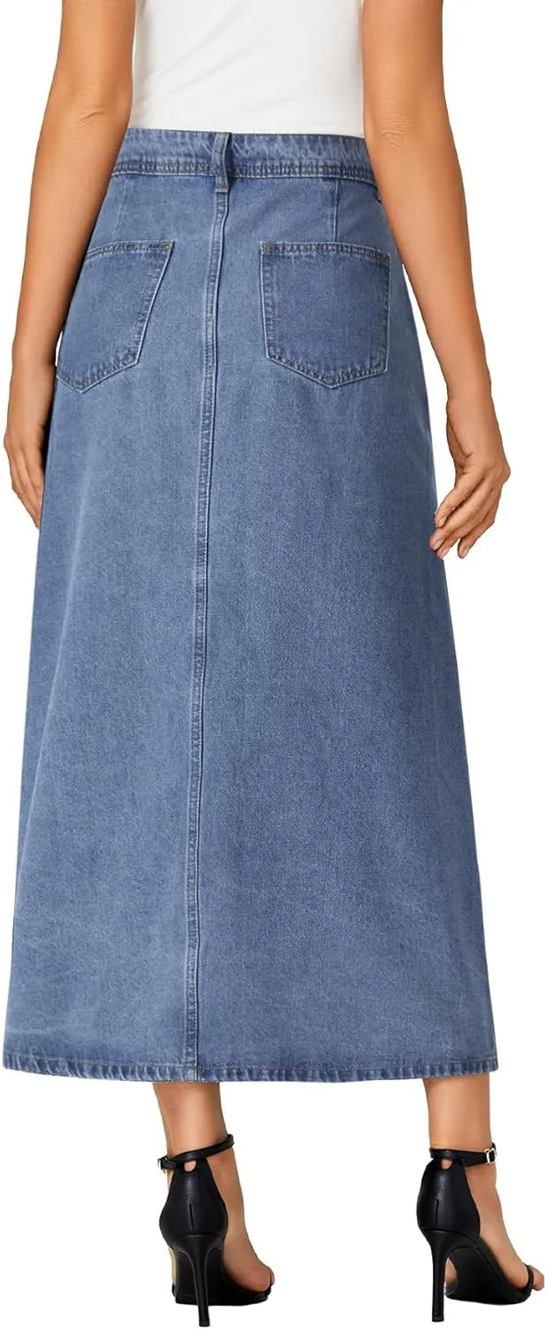 Vrtige Women's Casual Button Down High Waisted A Line Jean Midi Long Denim Skirt with Pockets