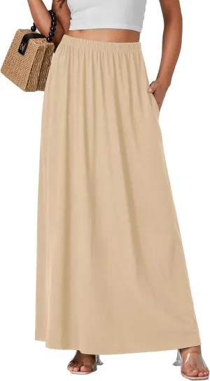 Vrtige Women's Casual Elastic High Waist Flowy Hem A Line Maxi Skirt with Pockets