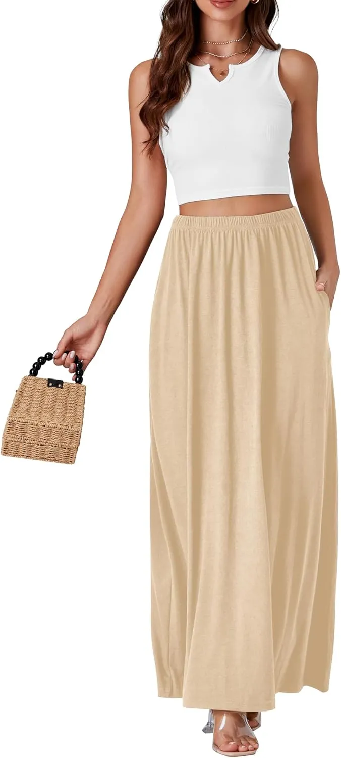 Vrtige Women's Casual Elastic High Waist Flowy Hem A Line Maxi Skirt with Pockets