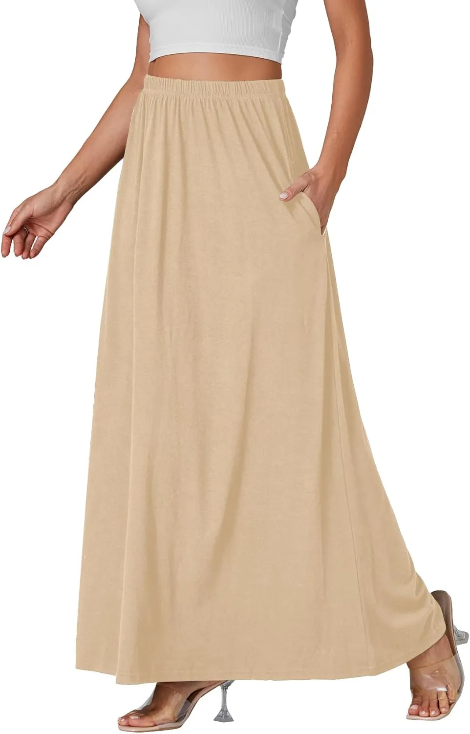 Vrtige Women's Casual Elastic High Waist Flowy Hem A Line Maxi Skirt with Pockets