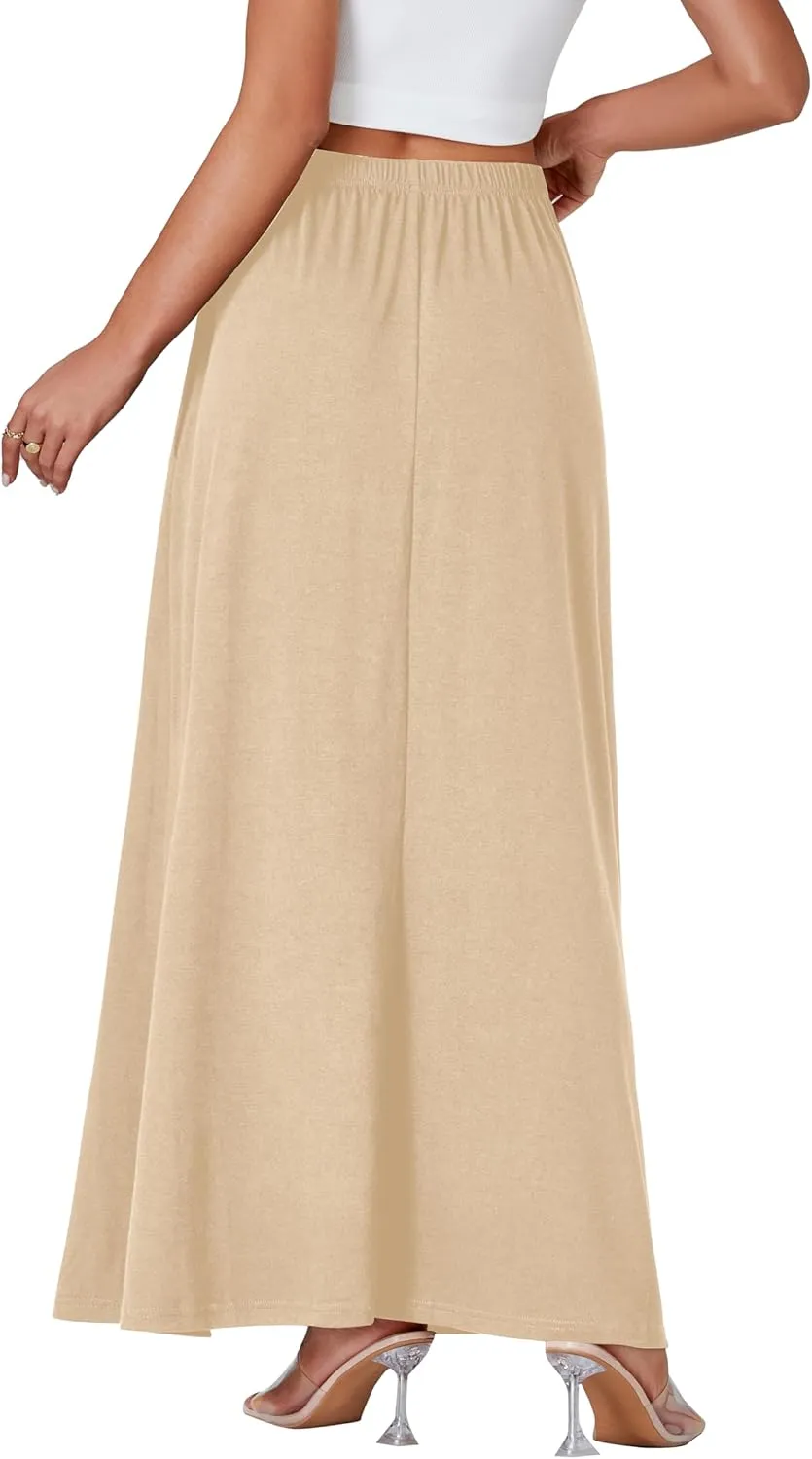 Vrtige Women's Casual Elastic High Waist Flowy Hem A Line Maxi Skirt with Pockets