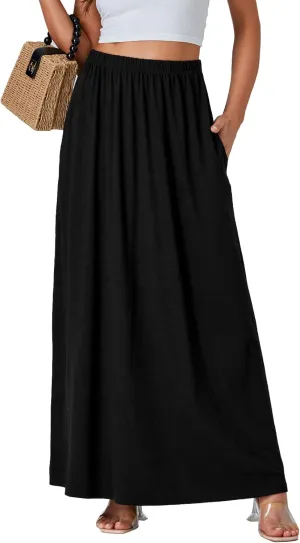 Vrtige Women's Casual Elastic High Waist Flowy Hem A Line Maxi Skirt with Pockets