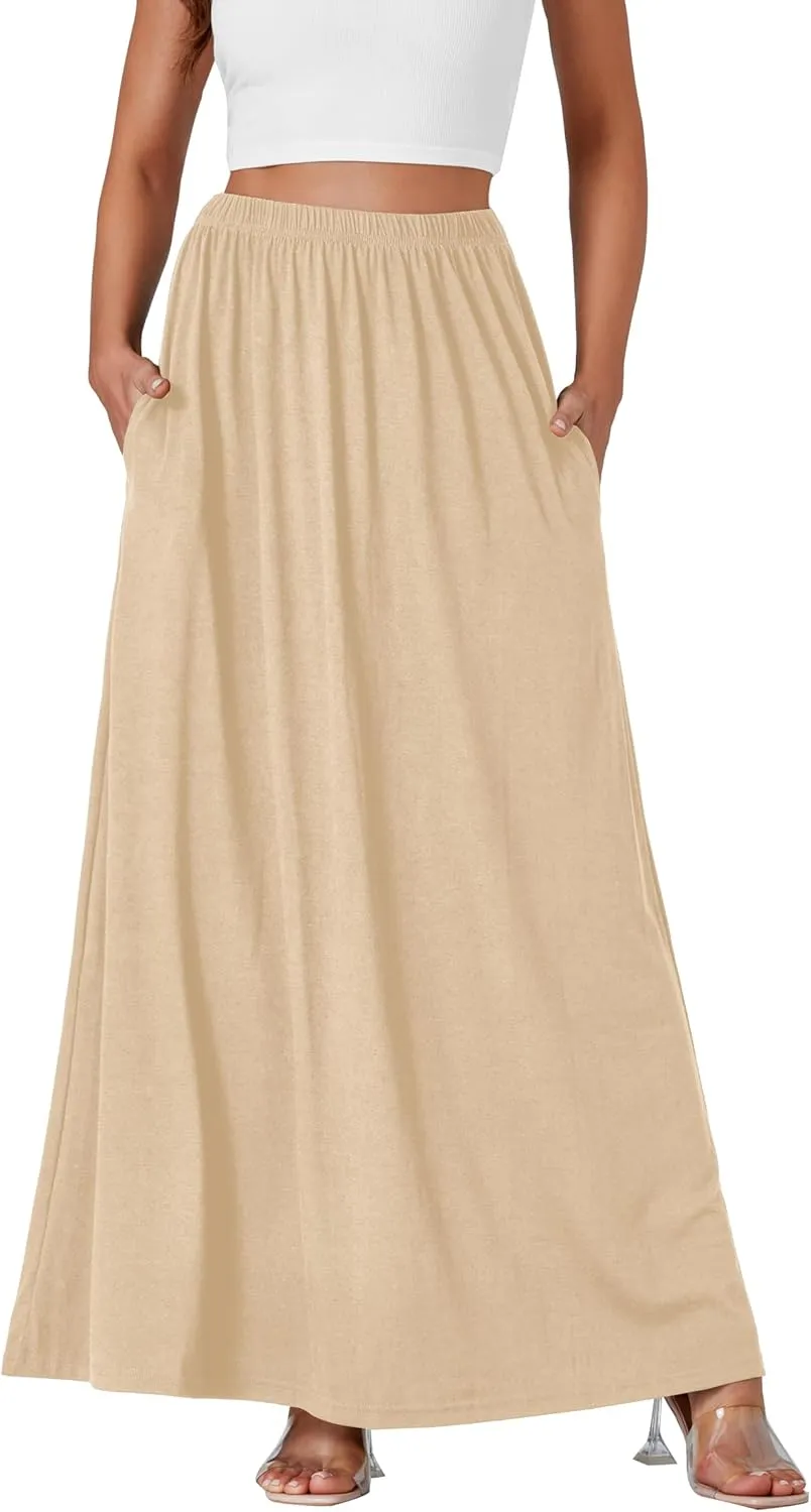 Vrtige Women's Casual Elastic High Waist Flowy Hem A Line Maxi Skirt with Pockets