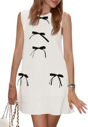 Wenrine Women's Summer Sleeveless Mini Dress Casual Bow Crewneck Loose Fit Knit Tank Dresses with Pockets
