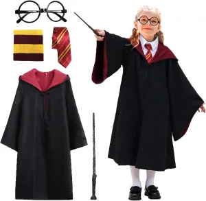Wizard Costume Party Cosplay Set, Wizard Cloak Robe for Kids, Wizarding World Halloween Costume, Accessories for Party