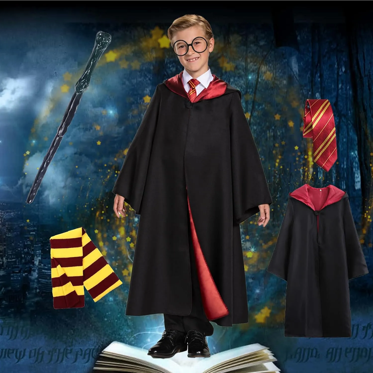 Wizard Costume Party Cosplay Set, Wizard Cloak Robe for Kids, Wizarding World Halloween Costume, Accessories for Party
