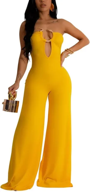 WOKANSE Sleeveless Bodycon Jumpsuits for Women Sexy Comfy Strapless Deep V Tube Top Wide Leg Flare Jumpsuits