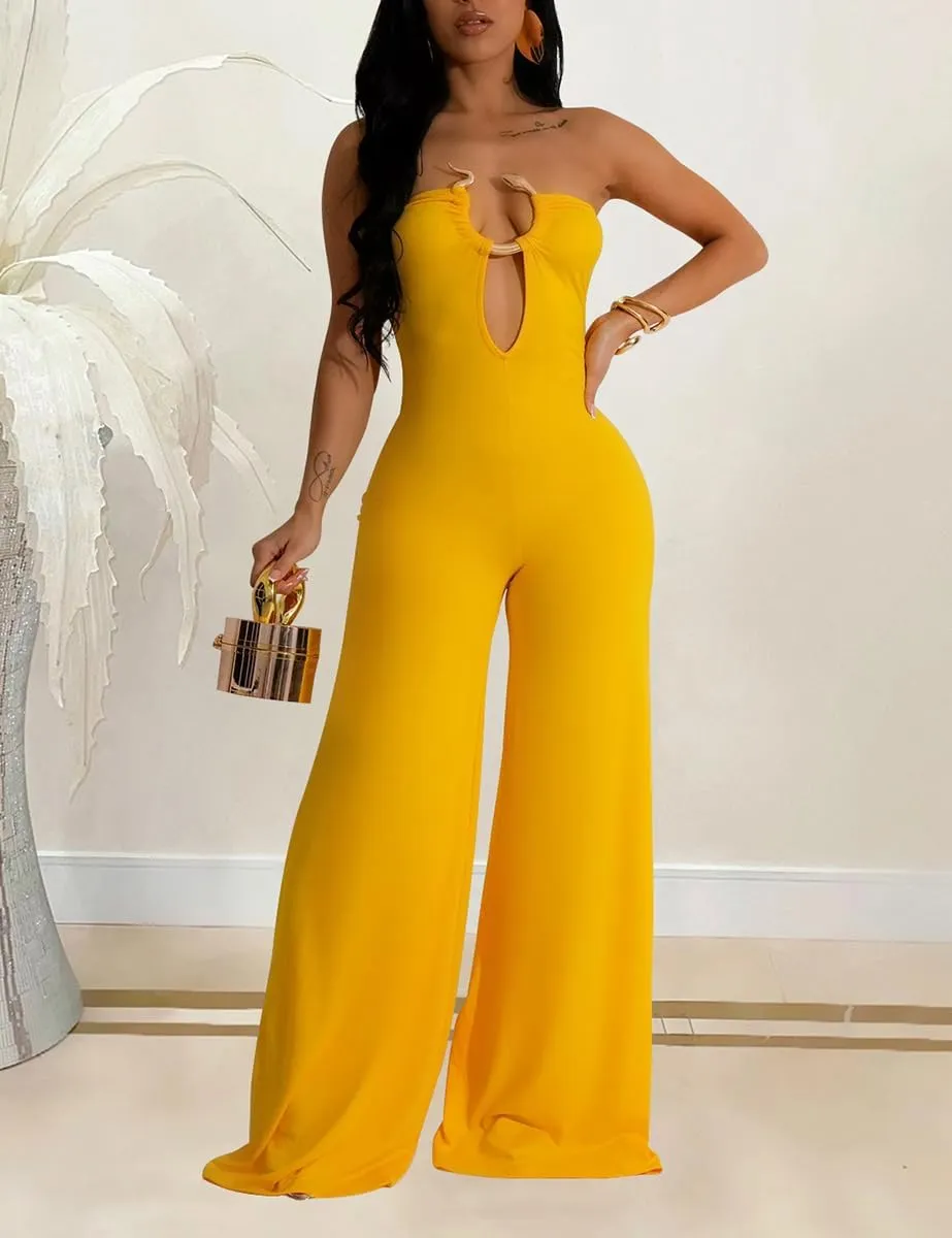 WOKANSE Sleeveless Bodycon Jumpsuits for Women Sexy Comfy Strapless Deep V Tube Top Wide Leg Flare Jumpsuits
