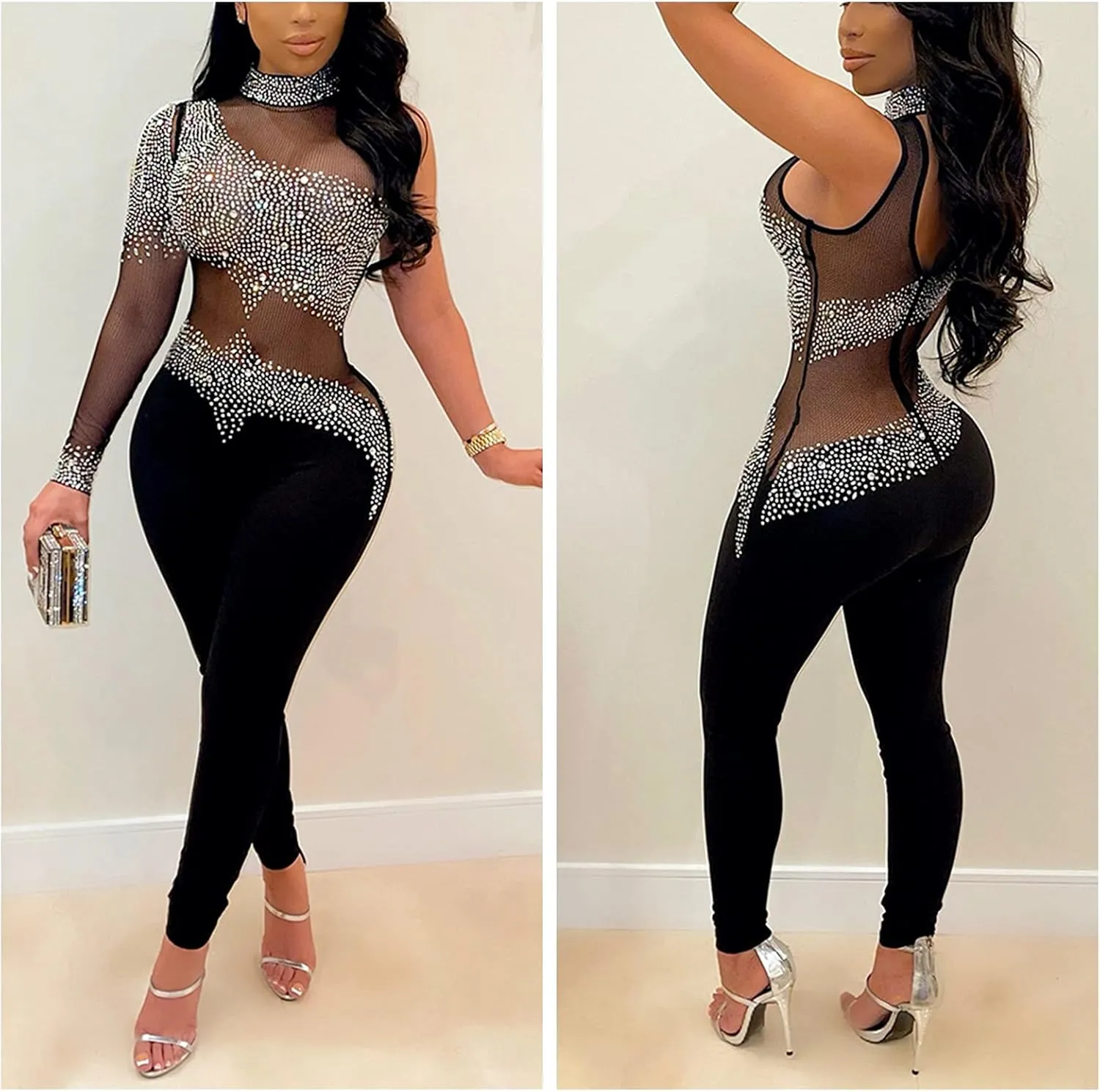 WOKANSE Women One Piece Outfits Sexy Mesh See Through Rhinestone One Shoulder Bodycon Trousers Romper Back Zip Jumpsuit