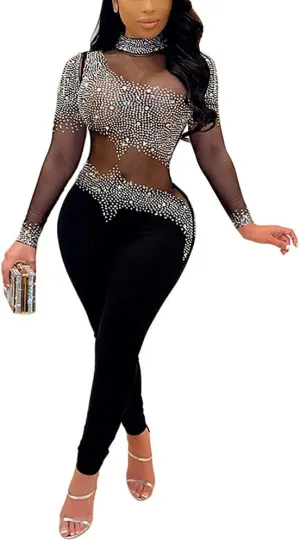 WOKANSE Women One Piece Outfits Sexy Mesh See Through Rhinestone One Shoulder Bodycon Trousers Romper Back Zip Jumpsuit
