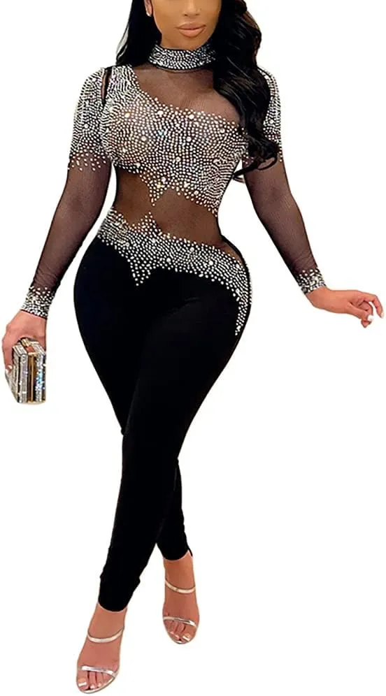 WOKANSE Women One Piece Outfits Sexy Mesh See Through Rhinestone One Shoulder Bodycon Trousers Romper Back Zip Jumpsuit