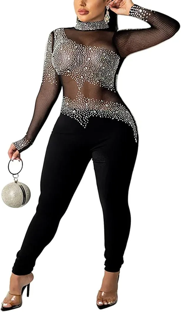 WOKANSE Women One Piece Outfits Sexy Mesh See Through Rhinestone One Shoulder Bodycon Trousers Romper Back Zip Jumpsuit