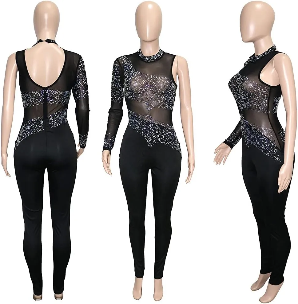 WOKANSE Women One Piece Outfits Sexy Mesh See Through Rhinestone One Shoulder Bodycon Trousers Romper Back Zip Jumpsuit