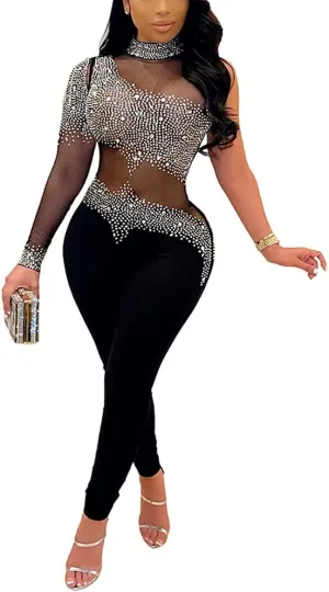 WOKANSE Women One Piece Outfits Sexy Mesh See Through Rhinestone One Shoulder Bodycon Trousers Romper Back Zip Jumpsuit