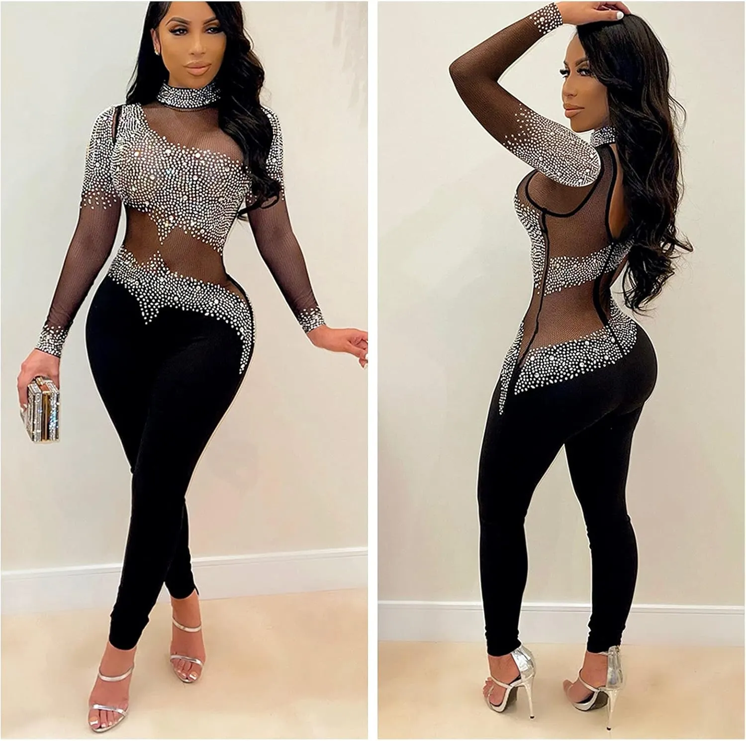 WOKANSE Women One Piece Outfits Sexy Mesh See Through Rhinestone One Shoulder Bodycon Trousers Romper Back Zip Jumpsuit