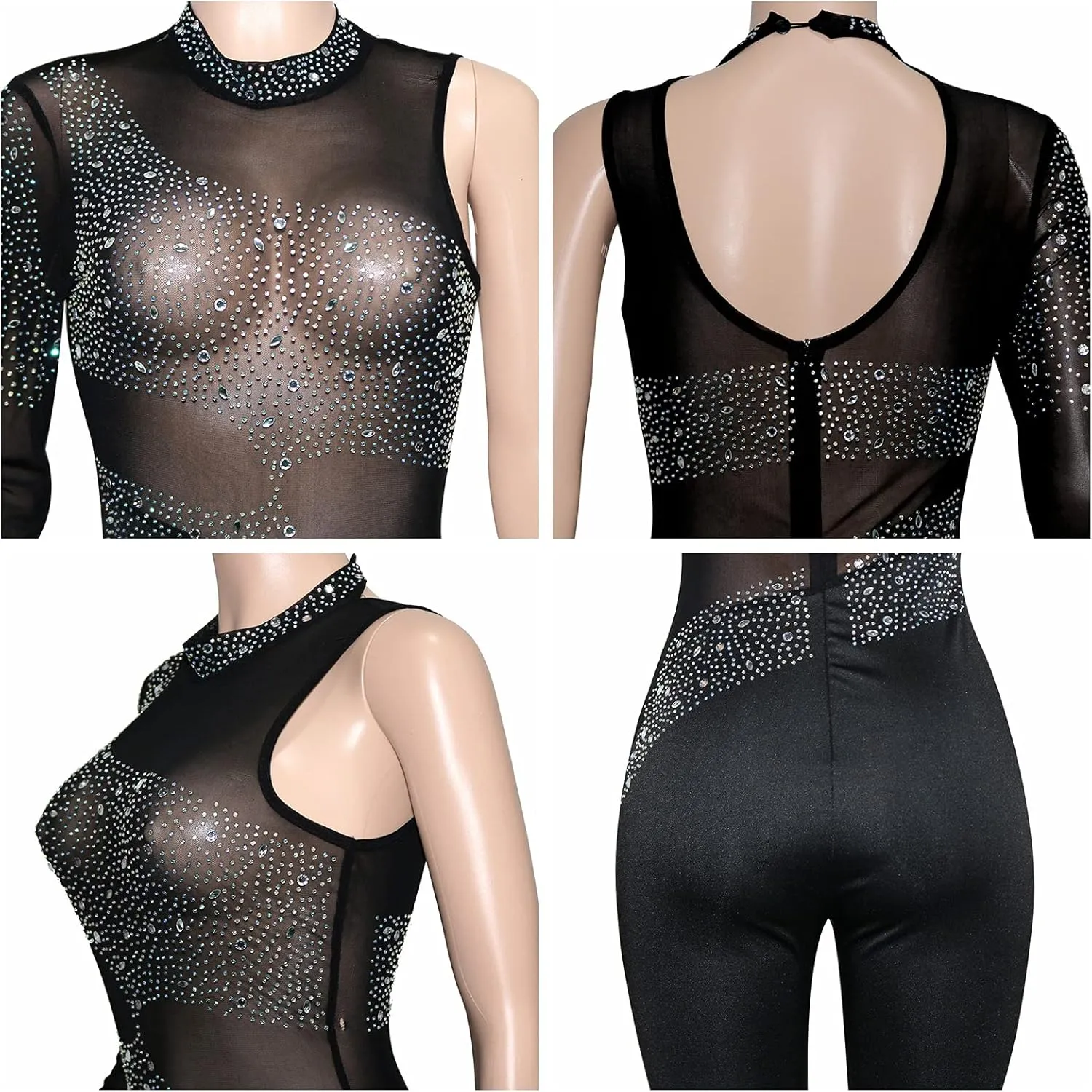 WOKANSE Women One Piece Outfits Sexy Mesh See Through Rhinestone One Shoulder Bodycon Trousers Romper Back Zip Jumpsuit