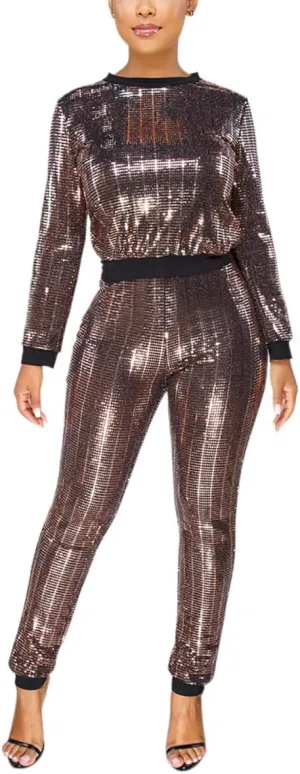 WOKANSE Women's Sequin Glitter Long Sleeve Sweatshirts and Skinny Long Pants Two Piece Outfits