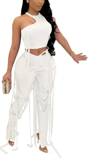 WOKANSE Women's Sexy 2 Piece Outfits Irregular Sleeveless Tank Top Solid Lace Up Split Bodycon Pants Set