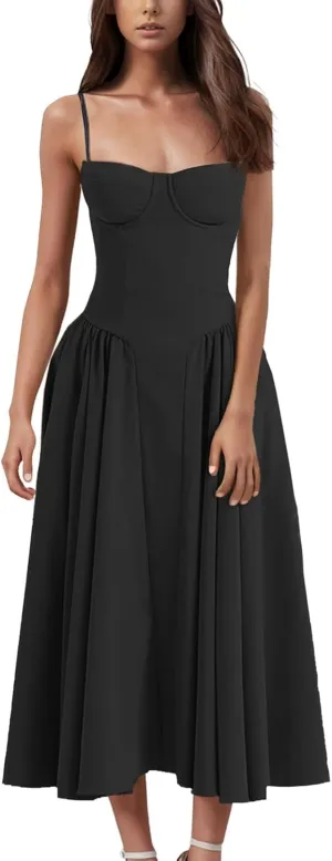 Women 2025 Vintage Party Flowy Pleated Hem Low Cut Prom Dresses Spaghetti Straps Sleeveless Swing Sundress