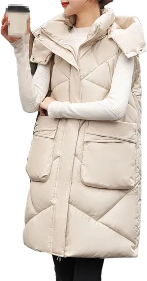 Women Autumn Winter Korean Sleeveless Down Cotton Padded Vest Coat Loose Zipper Hooded Jacket Mid Length Parkas