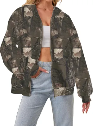 Women Camo Zip Up Oversized Fleece Hoodie Long Sleeve Maple Leaf Print Hooded Jacket Baggy Hoodie with Pockets