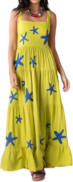 Women Embroidered Maxi Dress Sleeveless Smocked Flowy Sundress Boho Summer Long Dresses Beach Vocation