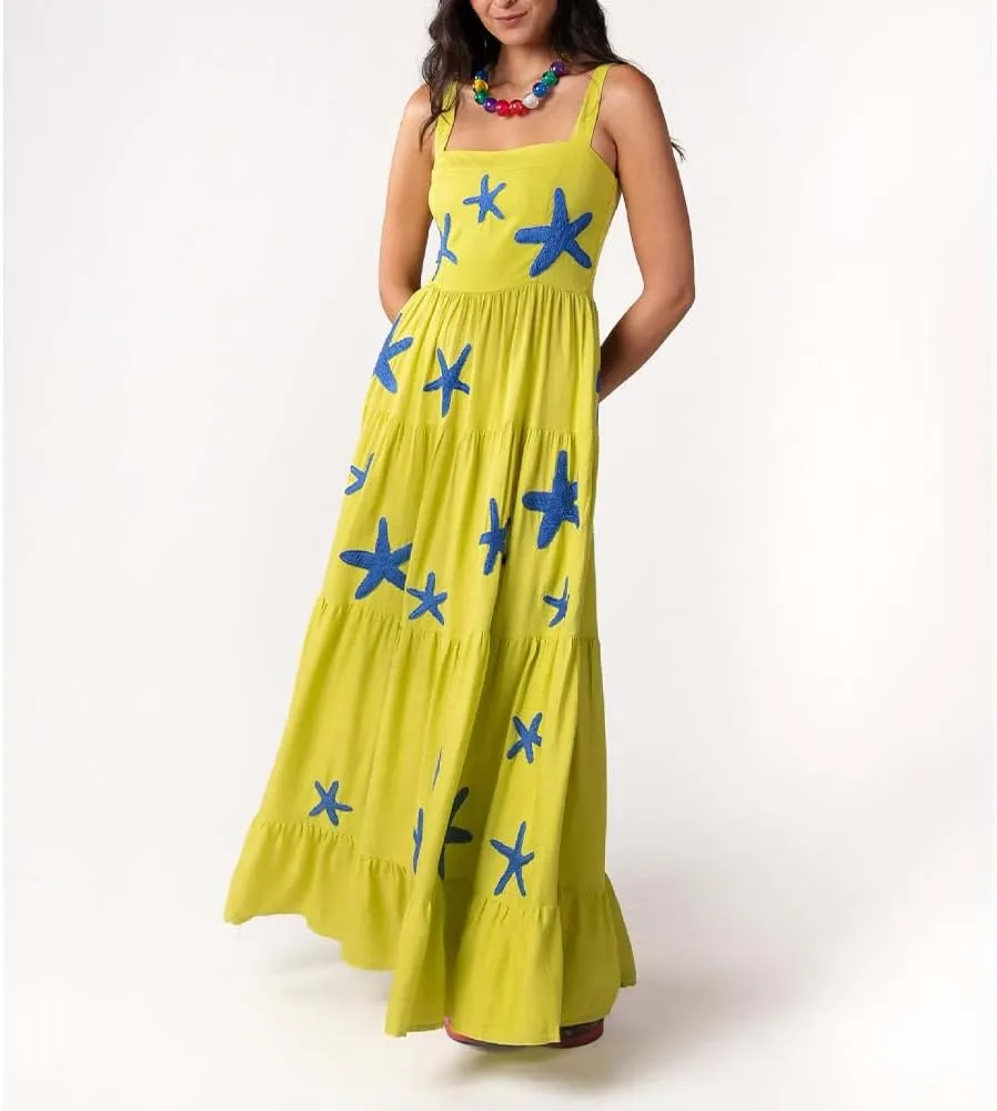 Women Embroidered Maxi Dress Sleeveless Smocked Flowy Sundress Boho Summer Long Dresses Beach Vocation