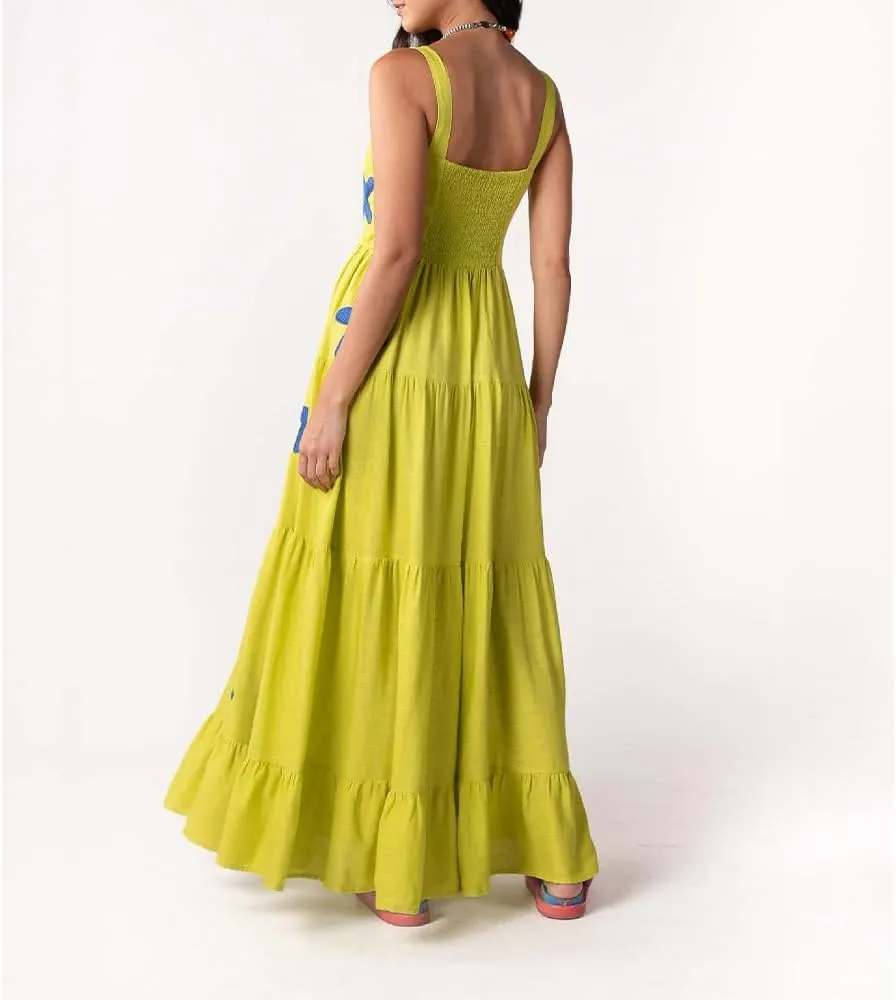 Women Embroidered Maxi Dress Sleeveless Smocked Flowy Sundress Boho Summer Long Dresses Beach Vocation